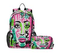 LINNIKEEEE Abstract Doodle Girl Face Student Backpack & Lunch Bag Set - Durable Lightweight School Bag for Boys Girls