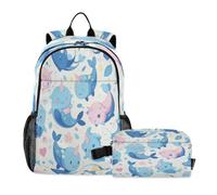 LINNIKEEEE Blue Narwhals Cute Pink Student Backpack & Lunch Bag Set-Durable Lightweight School Bag for Boys Girls