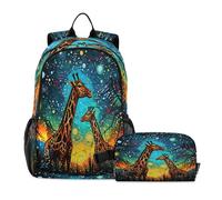 LINNIKEEEE Cartoon Doodle Giraffes Student Backpack & Lunch Bag Set - Durable Lightweight School Bag for Boys Girls