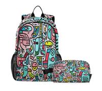 LINNIKEEEE Colorful Doodle Art Parrots Student Backpack & Lunch Bag Set-Durable Lightweight School Bag for Boys Girls