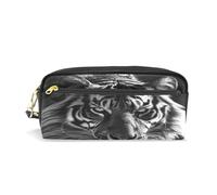LINNIKEEEE Cool Black Tiger Cartoon Leather Pencil Case Durable Pen Pouch Makeup Bag Organizer Ideal Boys Girls
