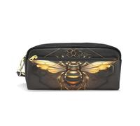 LINNIKEEEE Cool Golden Bee Leather Pencil Case Durable Pen Pouch Makeup Bag Organizer Ideal Boys Girls
