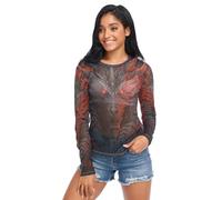 LINNIKEEEE Cool Red Dragon Art Women's Sexy T-Shirts Long Sleeeve Mesh Shirt Ice Silk See Through Top Blouse