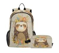 LINNIKEEEE Cute Cartoon Sloth Student Backpack & Lunch Bag Set-Durable Lightweight School Bag for Boys Girls