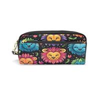 LINNIKEEEE Cute Colorful Lions Leather Pencil Case Durable Pen Pouch Makeup Bag Organizer Ideal Boys Girls