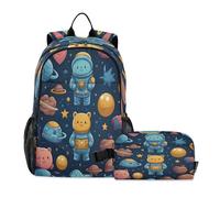 LINNIKEEEE Cute Doodle Bear Astronaut Student Backpack & Lunch Bag Set - Durable Lightweight School Bag for Boys Girls