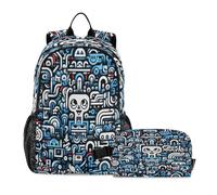 LINNIKEEEE Cute Doodle Blue Art Student Backpack & Lunch Bag Set - Durable Lightweight School Bag for Boys Girls