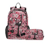 LINNIKEEEE Cute Doodle Flamingo Student Backpack & Lunch Bag Set-Durable Lightweight School Bag for Boys Girls