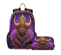 LINNIKEEEE Cute Doodle Fluffy Bison Student Backpack & Lunch Bag Set - Durable Lightweight School Bag for Boys Girls