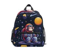 LINNIKEEEE Cute Doodle Monkey Astronaut Toddler Backpack Bookbag Mini Shoulder Bag for Travel 1-6 Years Kids with Chest Strap Clip Whistle