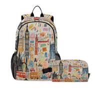 LINNIKEEEE Cute London Icons Student Backpack & Lunch Bag Set - Durable Lightweight School Bag for Boys Girls