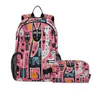 LINNIKEEEE Cute Pink Doodle Horse Student Backpack & Lunch Bag Set - Durable Lightweight School Bag for Boys Girls