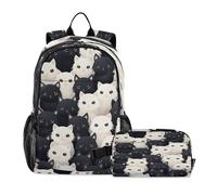 LINNIKEEEE Doodle Art Black White Cat Student Backpack & Lunch Bag Set-Durable Lightweight School Bag for Boys Girls