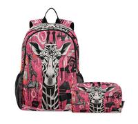 LINNIKEEEE Doodle Art Cartoon Giraffe Student Backpack & Lunch Bag Set - Durable Lightweight School Bag for Boys Girls
