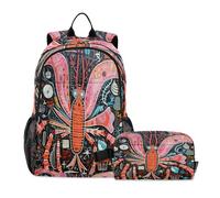 LINNIKEEEE Doodle Art Cartoon Lobster Student Backpack & Lunch Bag Set - Durable Lightweight School Bag for Boys Girls