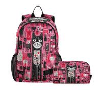 LINNIKEEEE Doodle Cartoon Cat Student Backpack & Lunch Bag Set - Durable Lightweight School Bag for Boys Girls