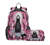 LINNIKEEEE Doodle Cartoon Pink Platypus Student Backpack & Lunch Bag Set - Durable Lightweight School Bag for Boys Girls