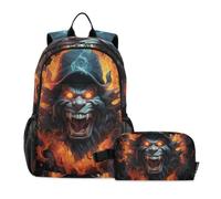 LINNIKEEEE Fiery Monster Flames Glowing Student Backpack & Lunch Bag Set-Durable Lightweight School Bag for Boys Girls