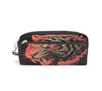 LINNIKEEEE Fiery Tiger Red Flames Fierce Leather Pencil Case Durable Pen Pouch Makeup Bag Organizer Ideal Boys Girls