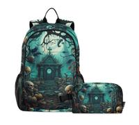 LINNIKEEEE Graveyard Green Pumpkins Student Backpack & Lunch Bag Set-Durable Lightweight School Bag for Boys Girls