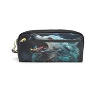 LINNIKEEEE Howling Wolf Dark Blue Fierce Leather Pencil Case Durable Pen Pouch Makeup Bag Organizer Ideal Boys Girls