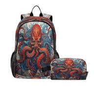 LINNIKEEEE Octopus Monster Art Student Backpack & Lunch Bag Set-Durable Lightweight School Bag for Boys Girls