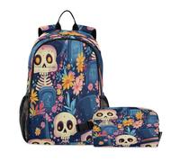 LINNIKEEEE Skeleton Blue Flower Student Backpack & Lunch Bag Set-Durable Lightweight School Bag for Boys Girls