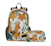 LINNIKEEEE Smiling Foxes Blue Leaves Cute Student Backpack & Lunch Bag Set-Durable Lightweight School Bag for Boys Girls