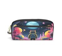 LINNIKEEEE Space Cat Planets Cosmic Fantasy Leather Pencil Case Durable Pen Pouch Makeup Bag Organizer Ideal Boys Girls