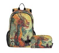 LINNIKEEEE Vibrant Red Dragon Yellow Moon Student Backpack & Lunch Bag Set-Durable Lightweight School Bag for Boys Girls