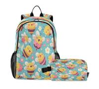 LINNIKEEEE Yellow Bees Pink Flowers Smiling Student Backpack & Lunch Bag Set-Durable Lightweight School Bag for Boys Girls