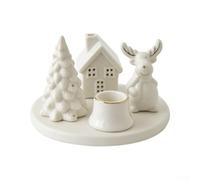 Linnkyfloa White Ceramic Christmas Candle Holder Featuring Reindeer, Snowy Houses and Tree Scene, Festive Pottery Centrepiece Ornament for Tabletop,(Deer candlestick)