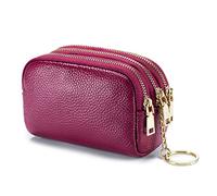LINNO 3 Zippered Genuine Leather Coin Purse Triple Capacity Change Pouch Little Travel Wallet With Key Ring for Women, Dark Purple, Tri-fold