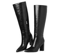 LinnOaks Women Knee High Boots Chunky Heel Wide Calf Leather Pointed Toe Side Zipper Fashion Party Dress Long Tall Boots For Women