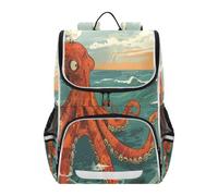 Linnyio Giant Red Octopus Ocean Waves Bookbag Student Backpack High-capacity Bag for Girls Boys