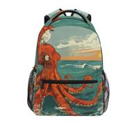 Linnyio Giant Red Octopus Ocean Waves School Backpack for Girls Boys Bookbags Stylish Design Student Bags