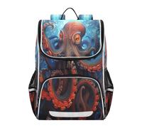 Linnyio Red Octopus Dark Blue Ocean Bookbag Student Backpack High-capacity Bag for Girls Boys