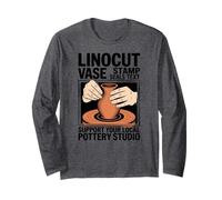 Linocut Vase Stamp Seals Text Support Your Local Pottery Long Sleeve T-Shirt