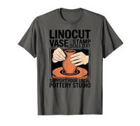 Linocut Vase Stamp Seals Text Support Your Local Pottery T-Shirt