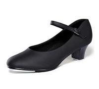 Linodes PU Leather Ankle Strap Character Tap Shoe 1.55'' Dance Shoes for Women, Black, 9 UK