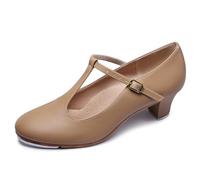 Linodes PU Leather T-Strap Character Tap Shoe 1.55'' Dance Shoes for Women, Brown, 6 UK