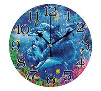 linomo Cute Animal Dolphin Fish Wall Clock Decor, Silent Non Ticking Round Clock Quiet for Kitchen Living Room Bedroom Bathroom Office