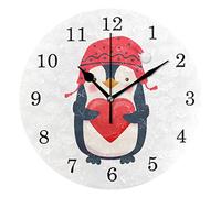 linomo Cute Animal Penguin Love Heart Wall Clock Decor, Silent Non Ticking Round Clock Quiet for Kitchen Living Room Bedroom Bathroom Office