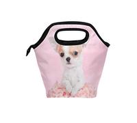 Linomo Cute Chihuahua Dog Pink Rose Lunch Box Insulated Lunch Bag, Cooler Lunchbox Schoo Lunch Tote Bag Handbag Reusable Bag for Kids Woman Men