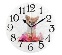linomo Cute Chihuahua Dog Rose Wall Clock Decor, Silent Non Ticking Round Clock Quiet for Kitchen Living Room Bedroom Bathroom Office