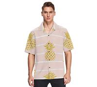 Linomo Hawaiian Shirts for Men Gold Pineapple Pink Stripe Beach Shirts Summer Shirts Button Down Short Sleeve Shortsleeve