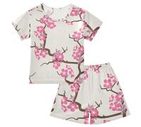 Linomo Kids Pyjamas Sets Japanese Cherry Blossoms Girls Boys Short Pyjama Set Nightwear Children Sleepwear Teens Summer PJs Multicolor