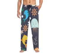 Linomo Mens Pyjama Bottoms Cartoon Jellyfish Crab Fish Anchor Pyjamas Loungewear 100% Cotton Pyjama Trouser Nightwear PJs Pants for Men Boys