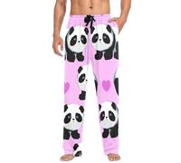 Linomo Mens Pyjama Bottoms Cute Panda Love Heart Pyjamas Loungewear 100% Cotton Pyjama Trouser Nightwear PJs Pants for Men Boys