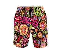 Linomo Men's Swim Shorts Floral Peace Love Sign Swimming Trunks Beach Shorts Quick Dry Surfing Board Shorts for Men Multicoloured